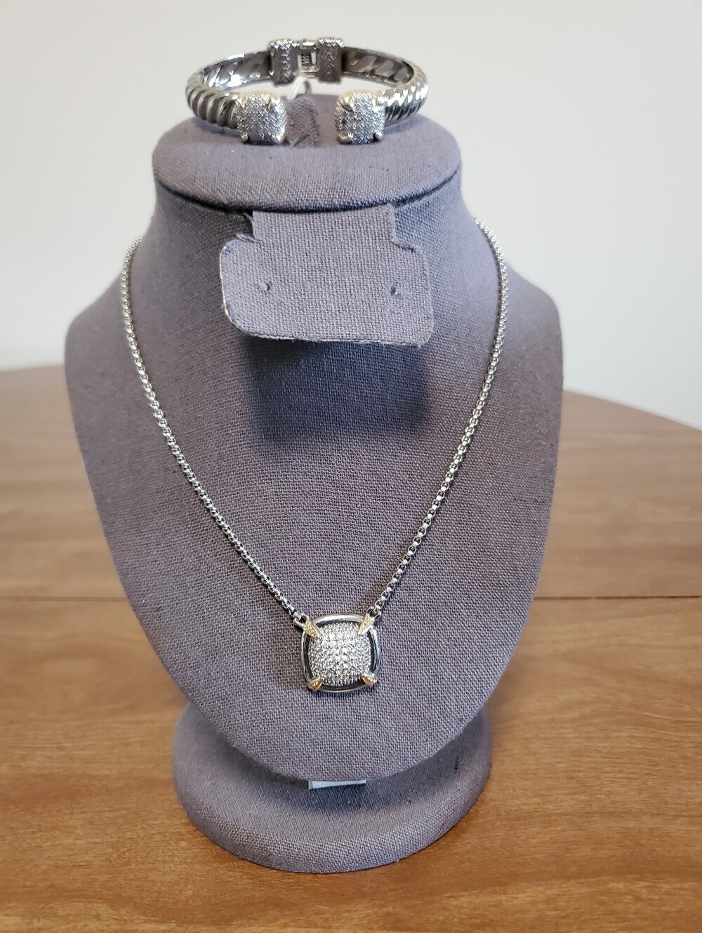 Silver-toned Pave Pendant Necklace and Bracelet Set